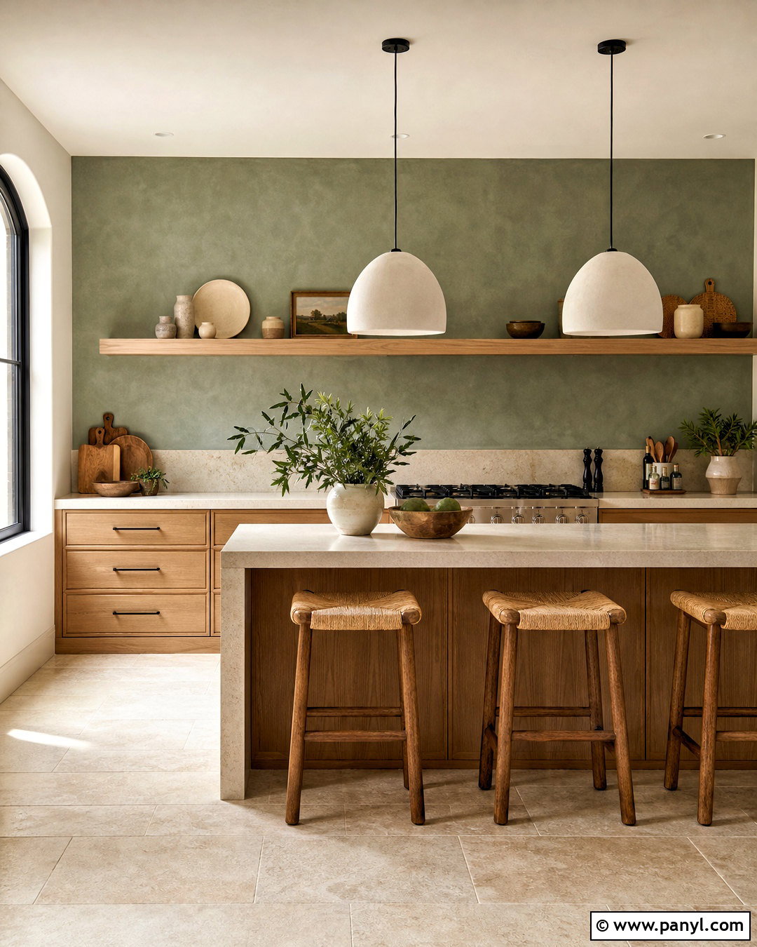 Green Limewash Accent Wall With Oak Cabinets - 20 green accent wall kitchen ideas