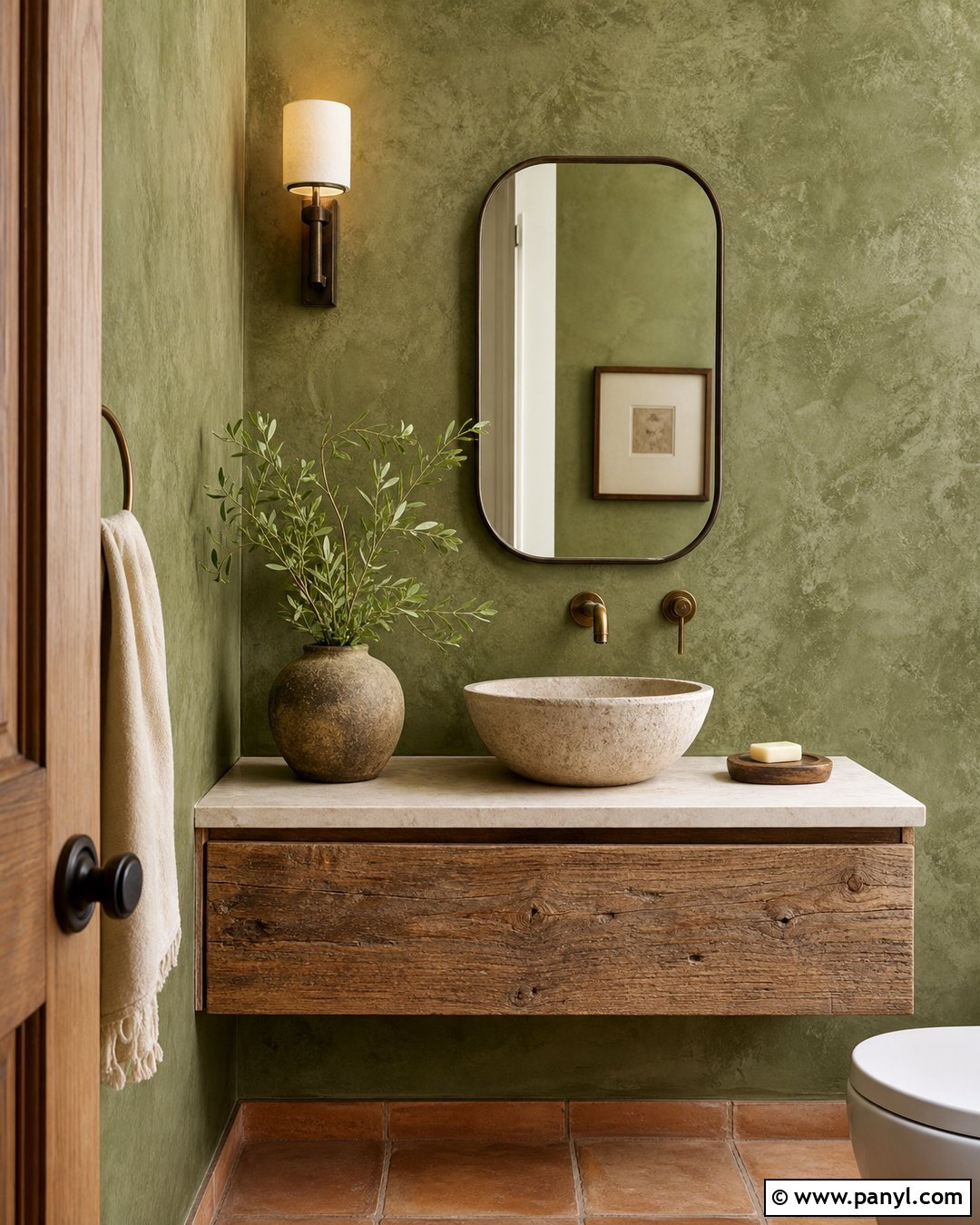 Green Limewash Rustic Powder Room - 20 Green Wall Rustic Style Ideas
