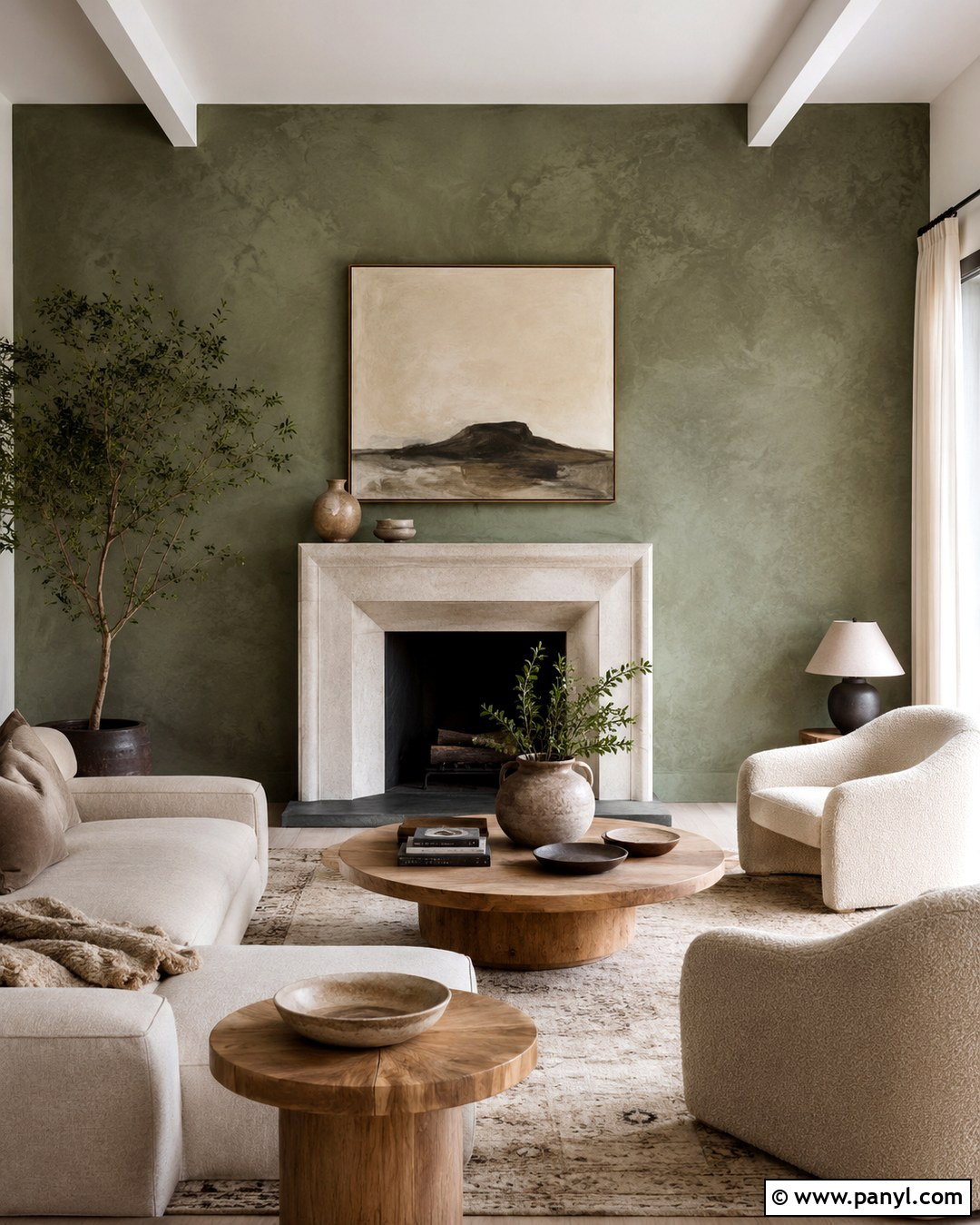 Green Limewash Wall With Limestone Fireplace - 20 Green Wall Behind Fireplace Ideas