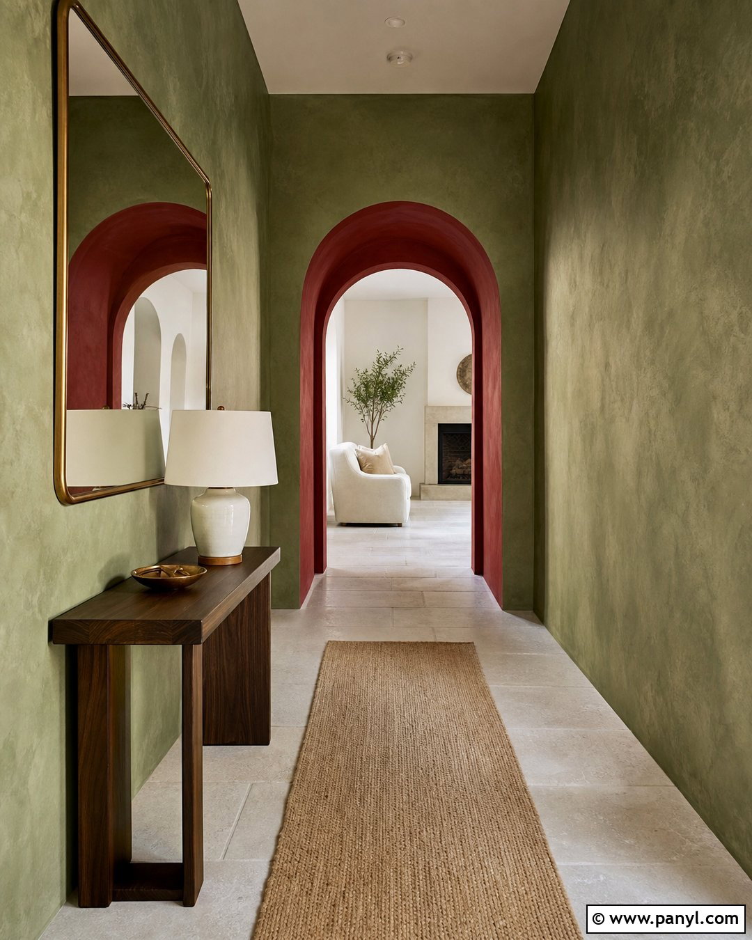 Green Limewash Walls With Red Painted Arch - 20 Red And Green Wall Paint Ideas