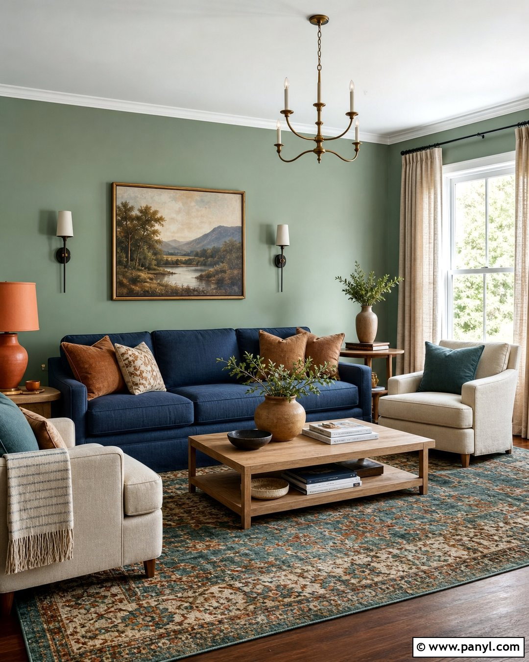 Green Living Room With Blue Sofa - 50 green walls