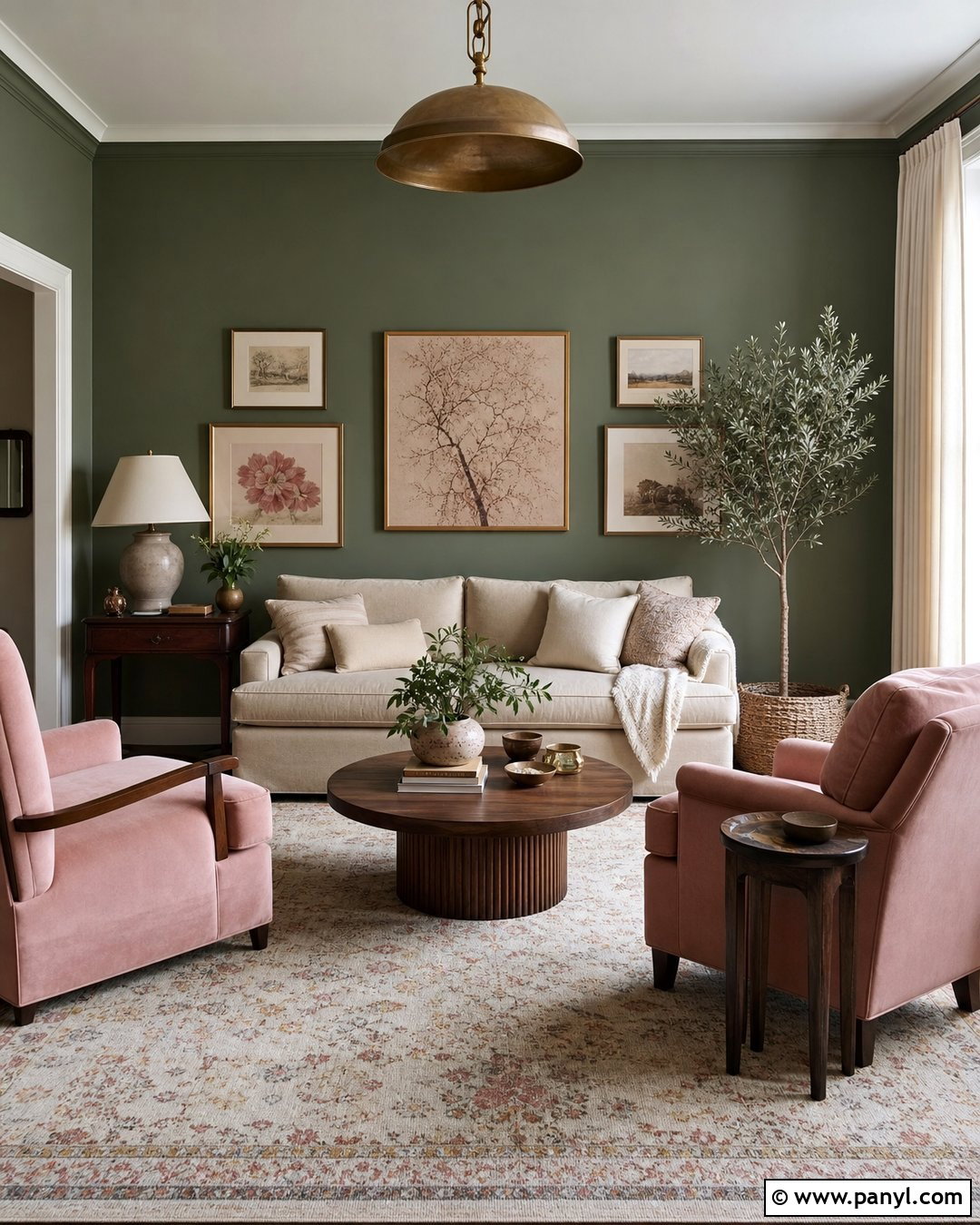 Green Living Room With Blush Accents - 50 green walls