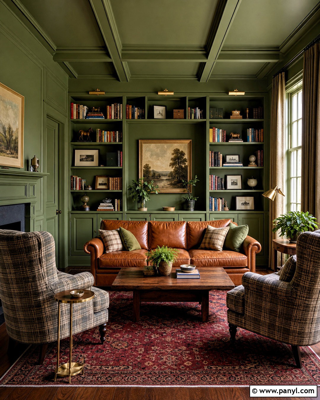 Green Living Room With Built-In Bookshelves - 20 moody green living room ideas