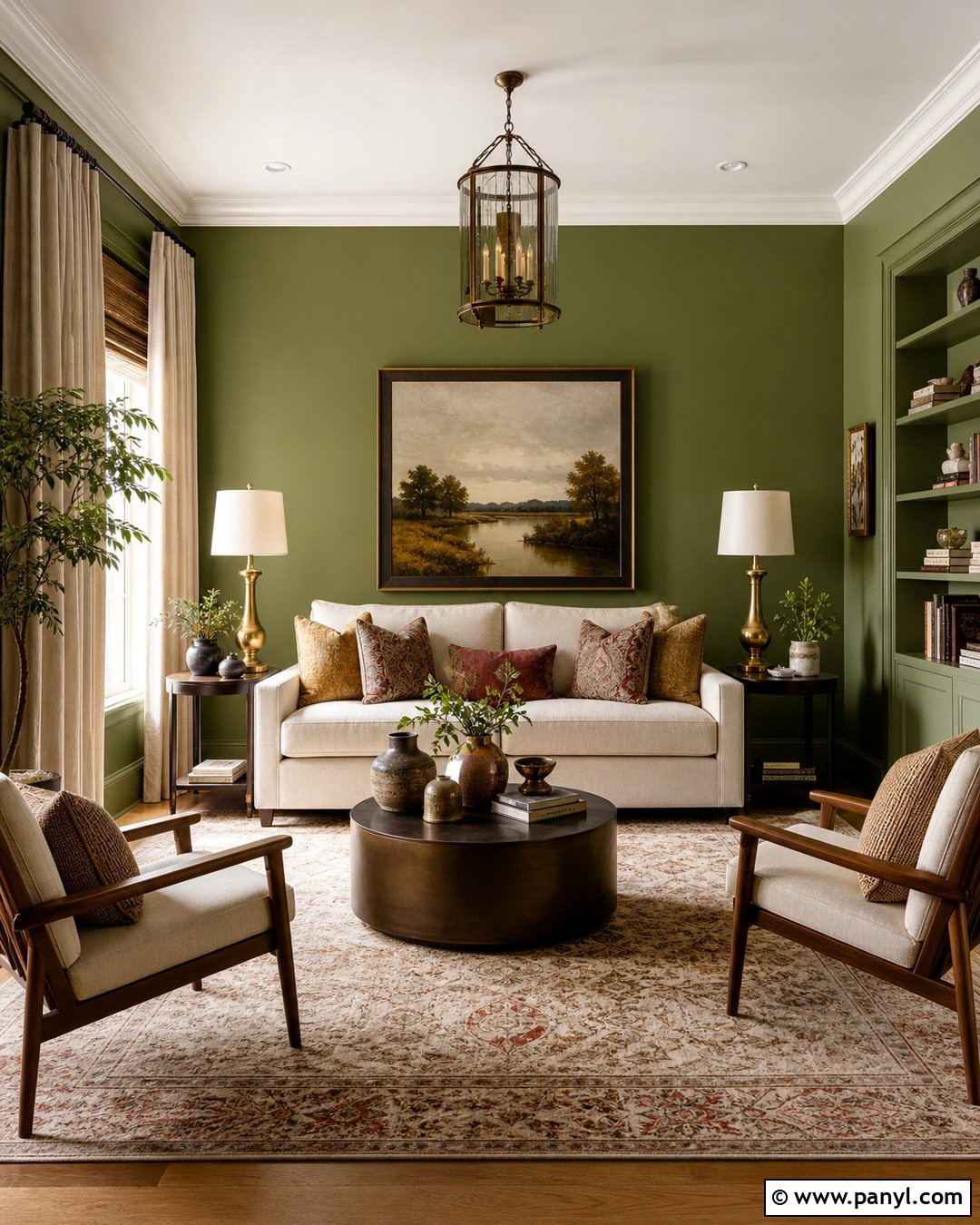 Green Living Room With Cream Sofa - 50 green walls