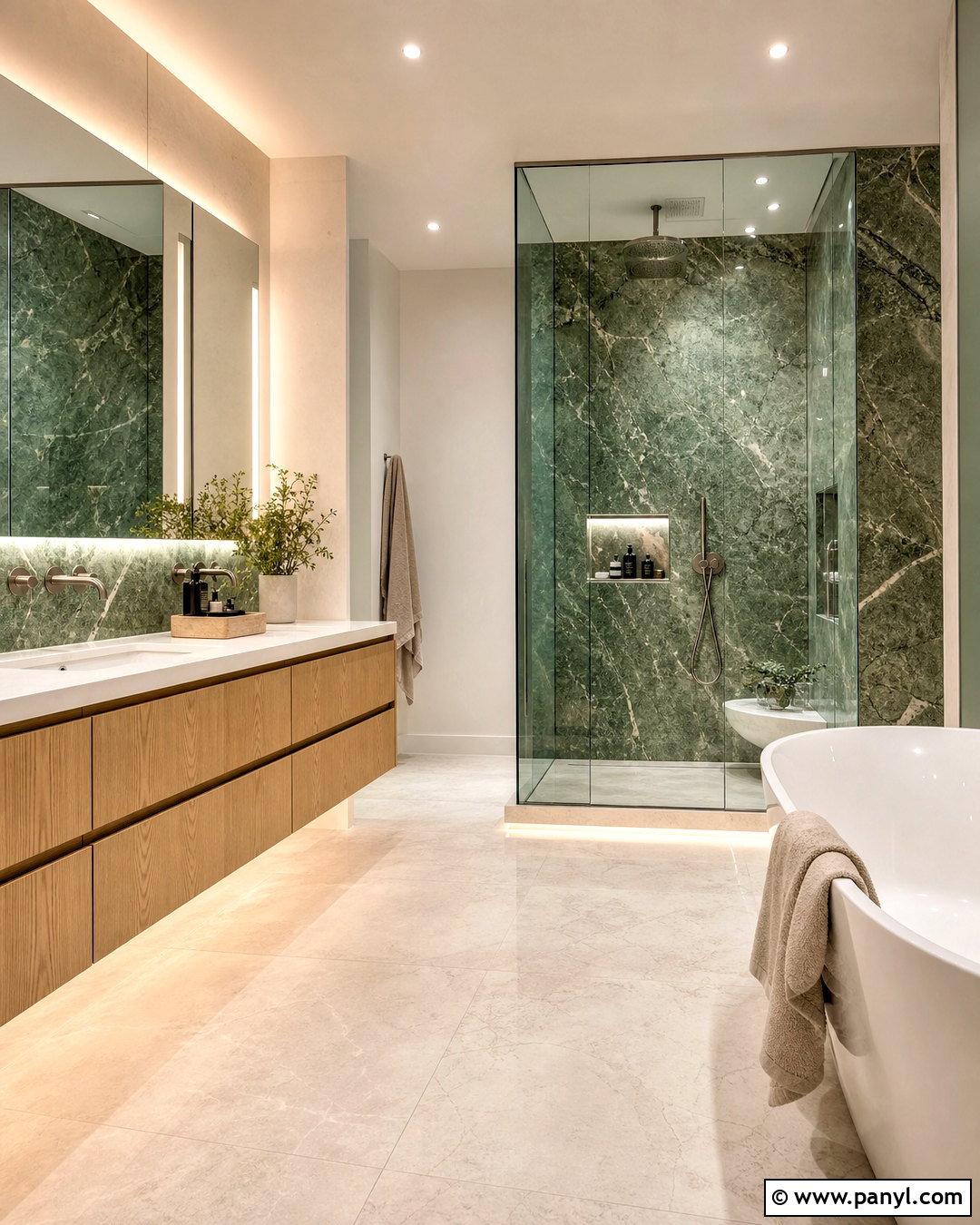 Green Marble Bathroom With Natural Wood - 20 green bathroom inspo ideas