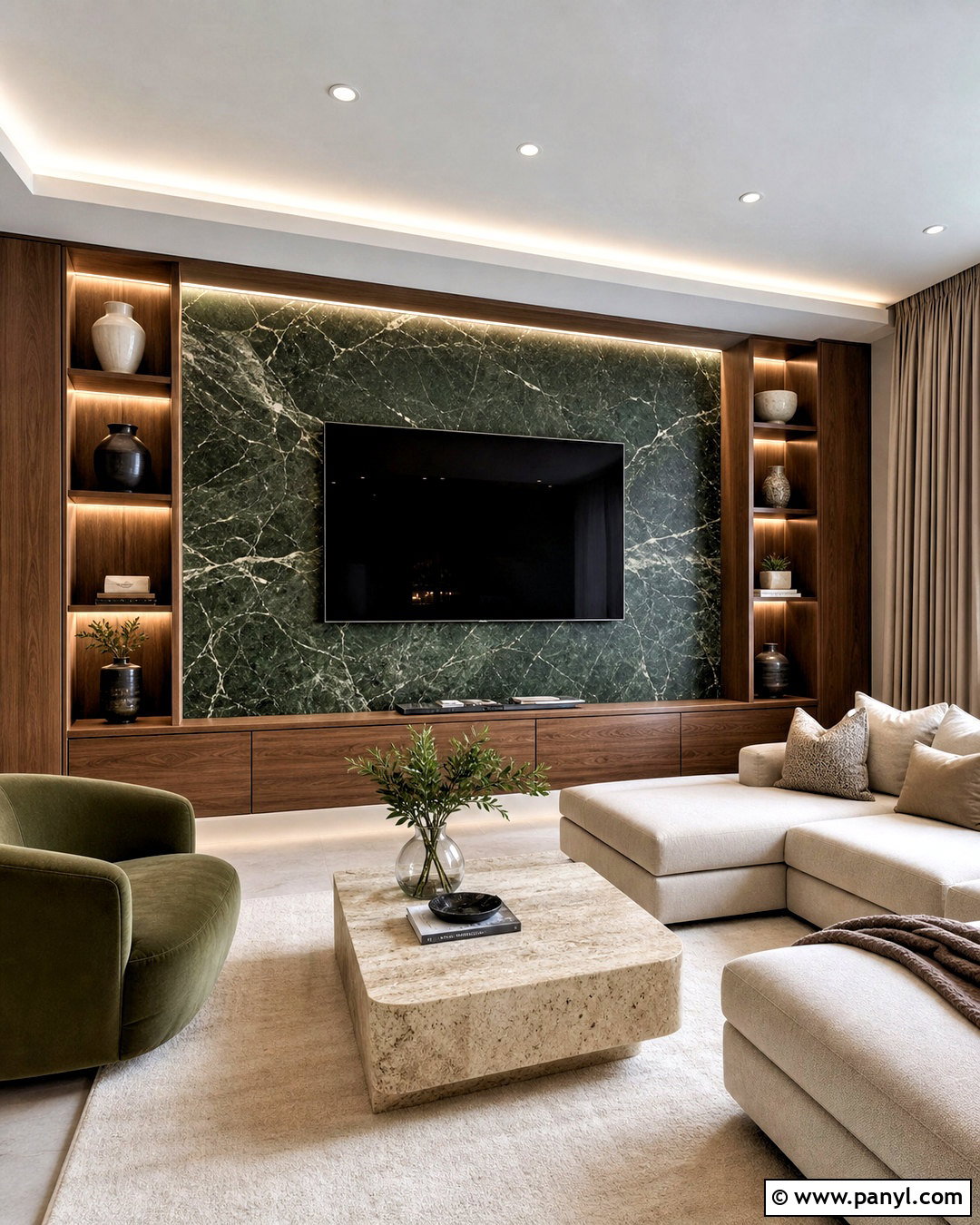 Green Marble Media Wall - 20 green feature wall living room ideas