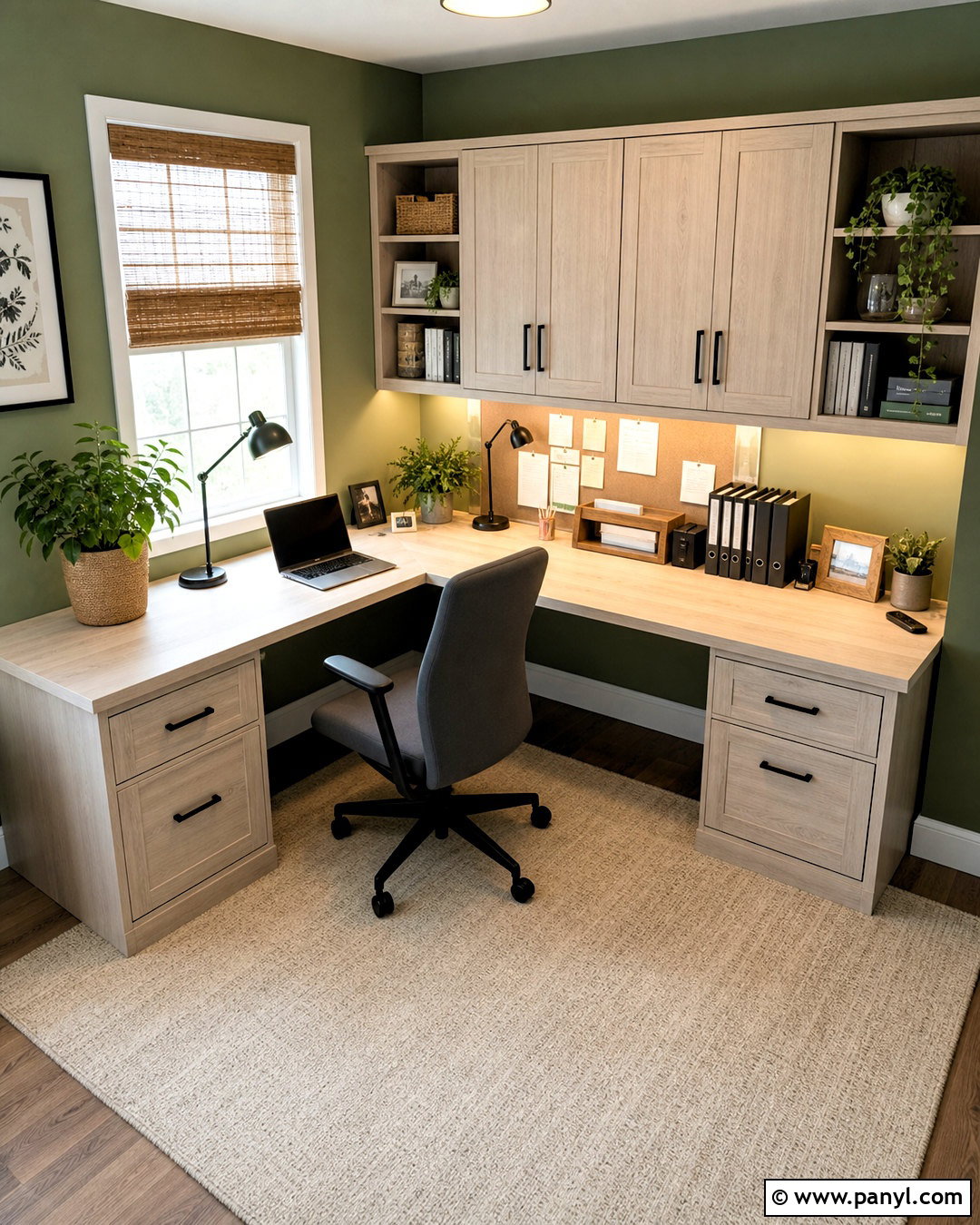 Green Office With An L-Shaped Desk - 20 green wall office ideas