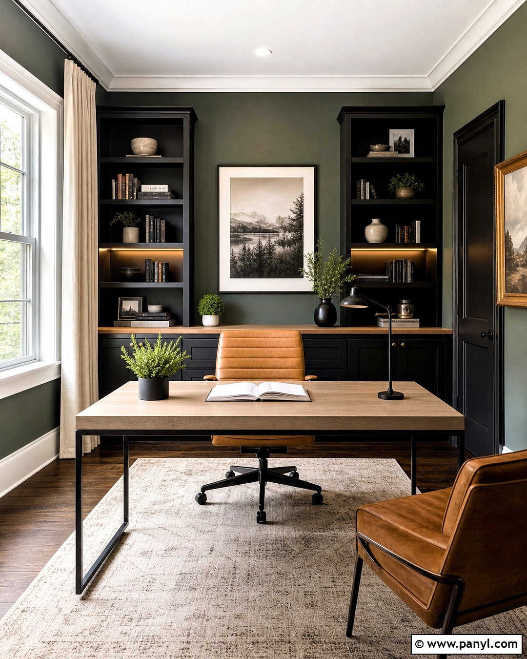 Green Office With Black Built-Ins - 20 green wall office ideas