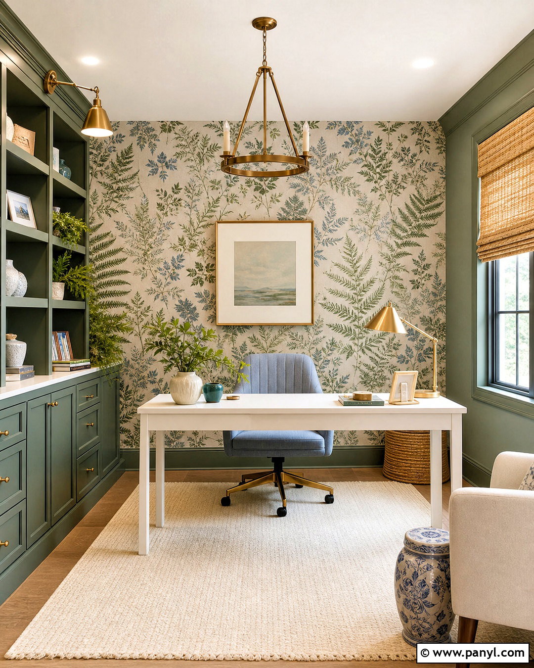 Green Office With Botanical Wallpaper - 20 green wall office ideas