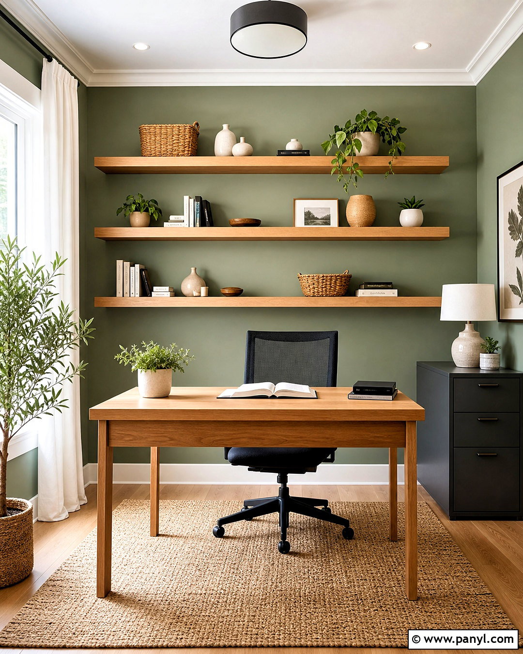 Green Office With Natural Wood Shelves - 20 green wall office ideas