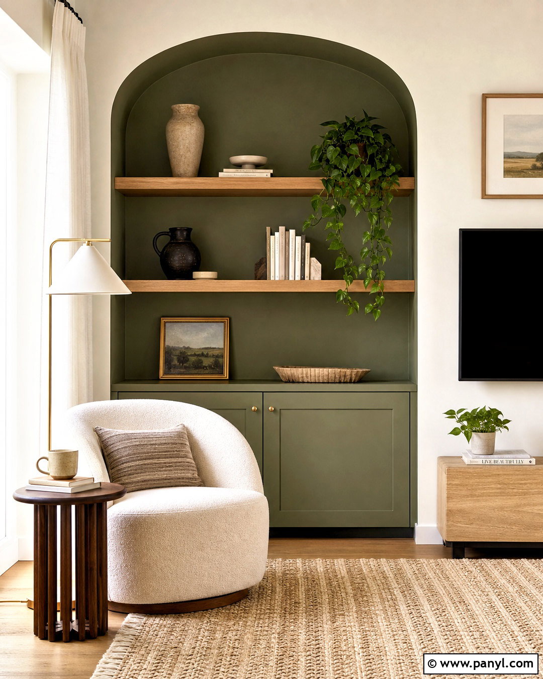 Green Painted Arch With Wall Shelves - 20 green wall decor ideas