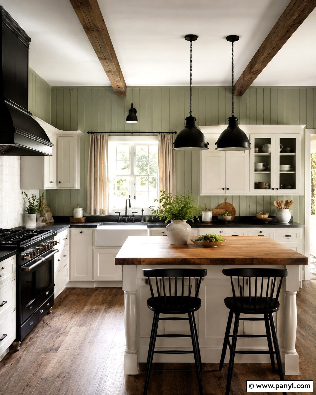 Green Paneled Walls With White Farmhouse Cabinets - 20 Black And White Kitchen With Green Walls
