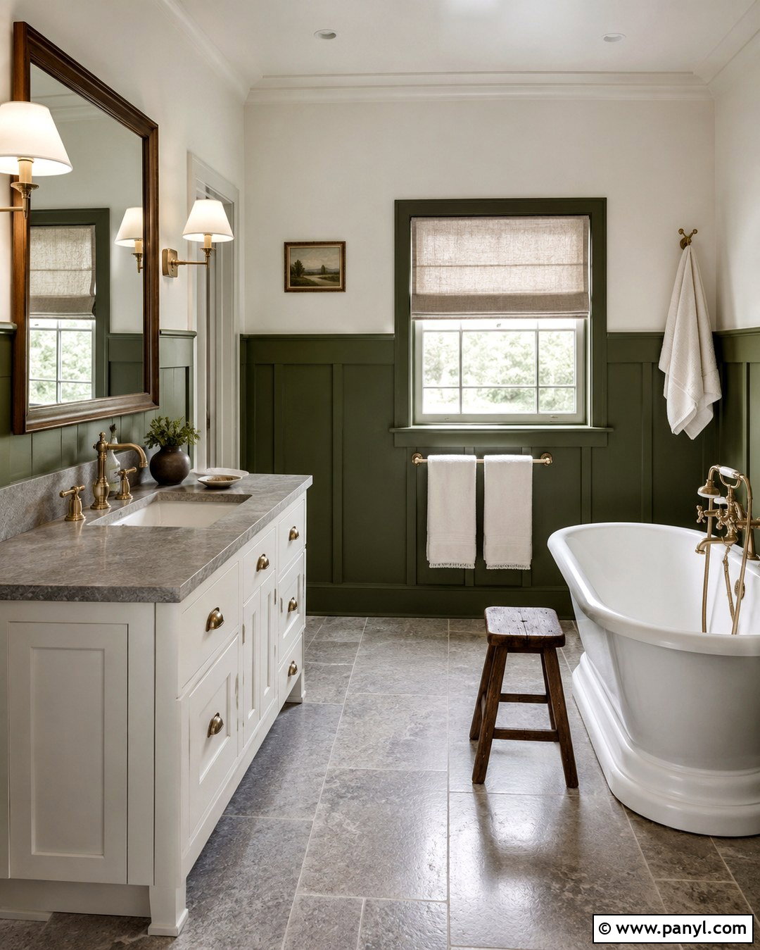 Green Paneling Bathroom With Grey Stone Floor - 20 Bathroom Green Walls Grey Floor Ideas