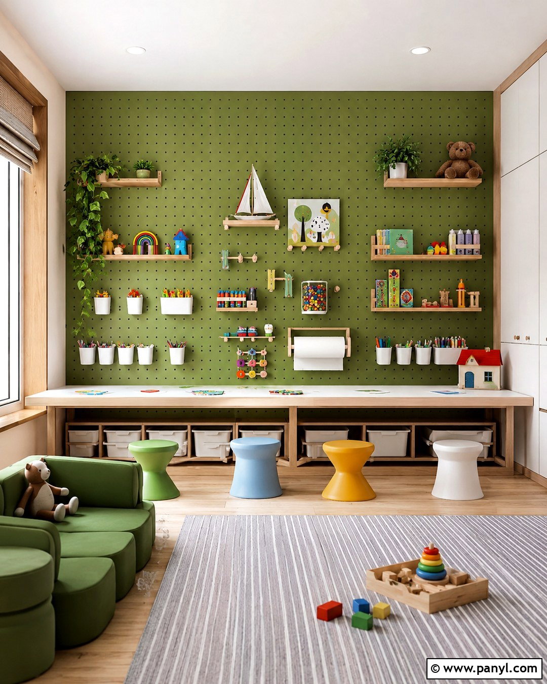 Green Pegboard Accent Wall Playroom - 20 Green Accent Wall Playroom Ideas
