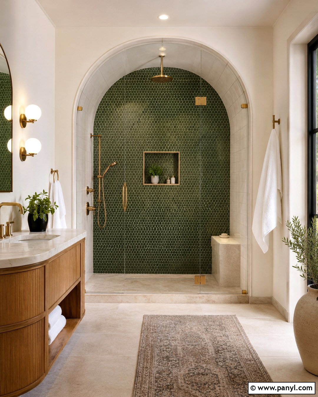 Green Penny Tile Arched Shower Wall - 20 Green Accent Wall Shower Ideas