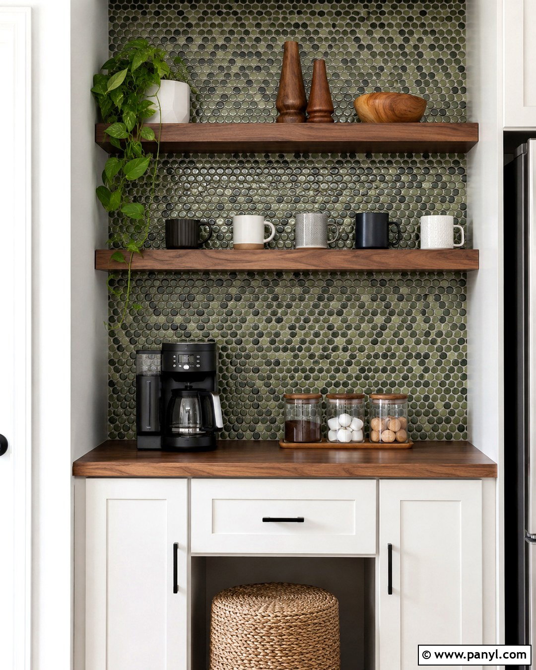Green Penny Tile Coffee Station Wall - 20 Green Tile Accent Wall Ideas