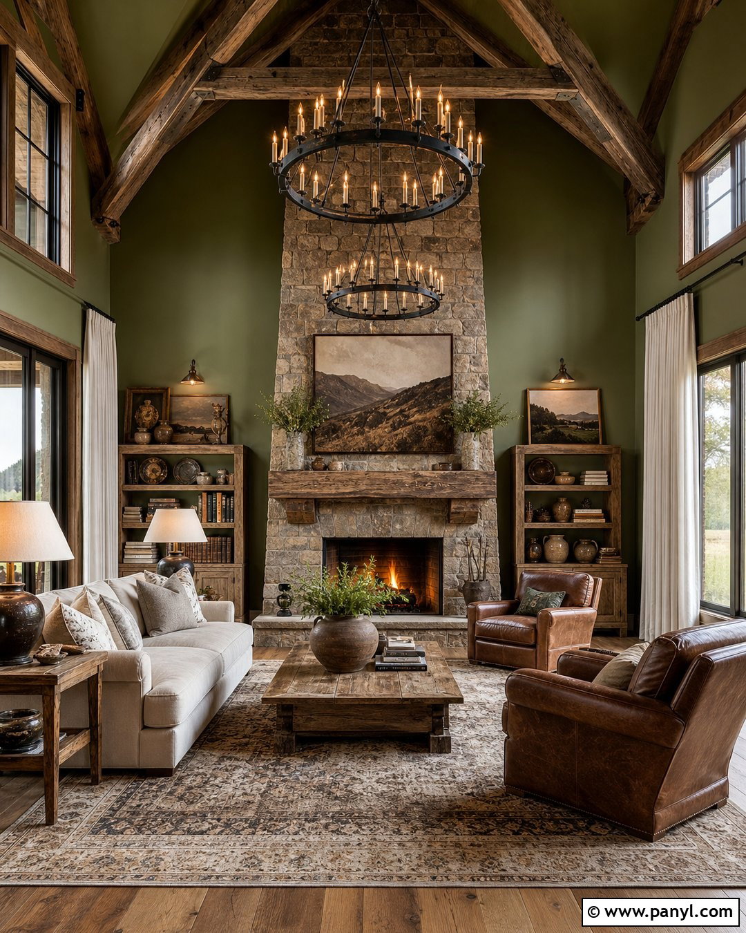 Green Rustic Great Room - 20 Green Wall Rustic Style Ideas
