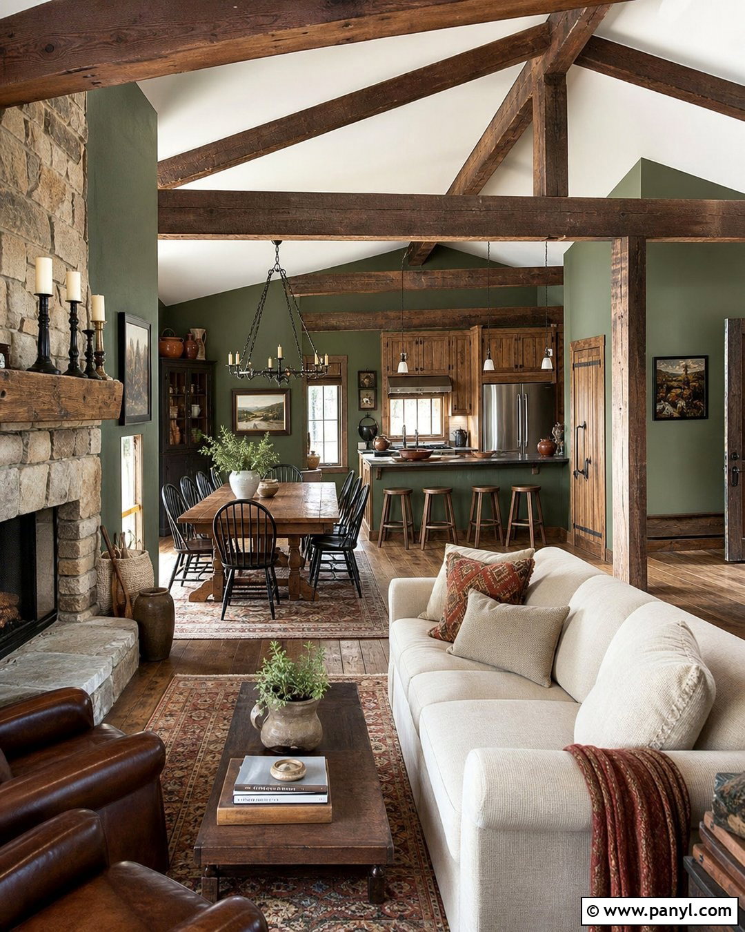 Green Rustic Open Plan Cabin - 20 Green Wall Rustic Style Ideas