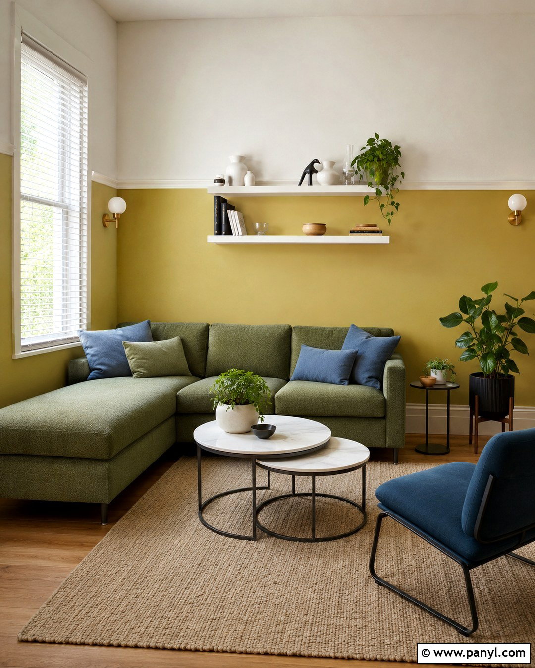 Green Sectional With Two-Tone Yellow Walls - 20 Green Sofa Yellow Wall Ideas