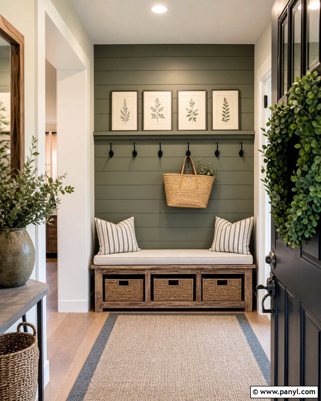 Green Shiplap Accent Wall With Entry Bench - 20 Green Accent Wall Foyer Ideas