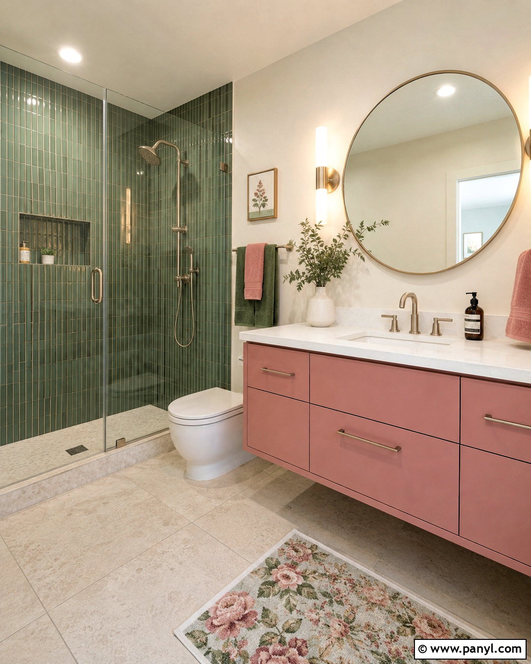Green Shower Tile And Pink Vanity Bathroom - 20 pink and green bathroom ideas