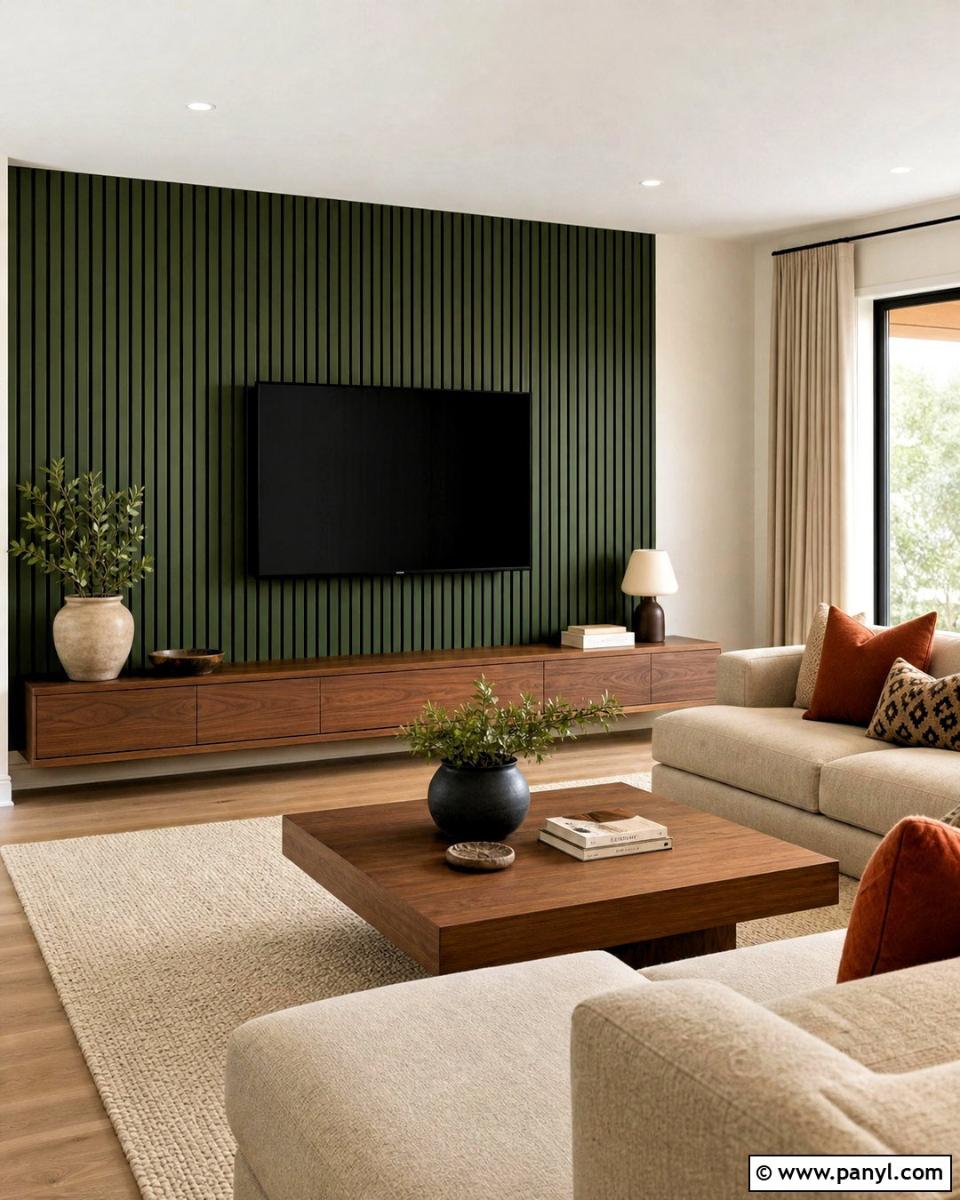 Green Slat Wall Behind The TV - 20 green wall decor ideas