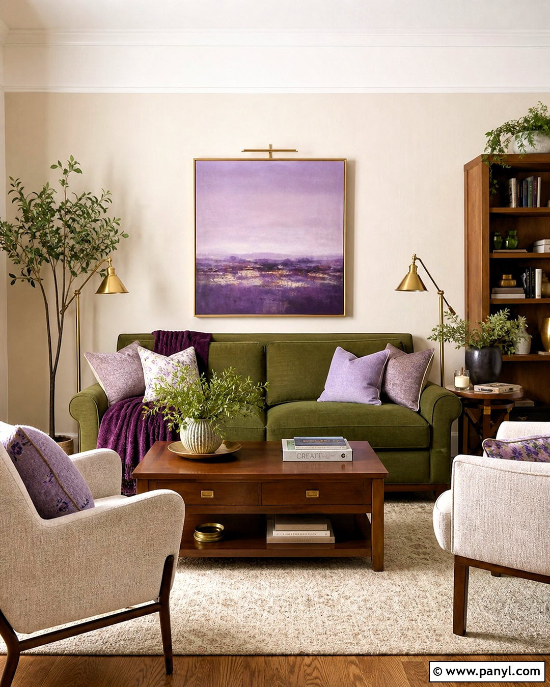 Green Sofa And Purple Accents Living Room - 20 purple and green living room ideas