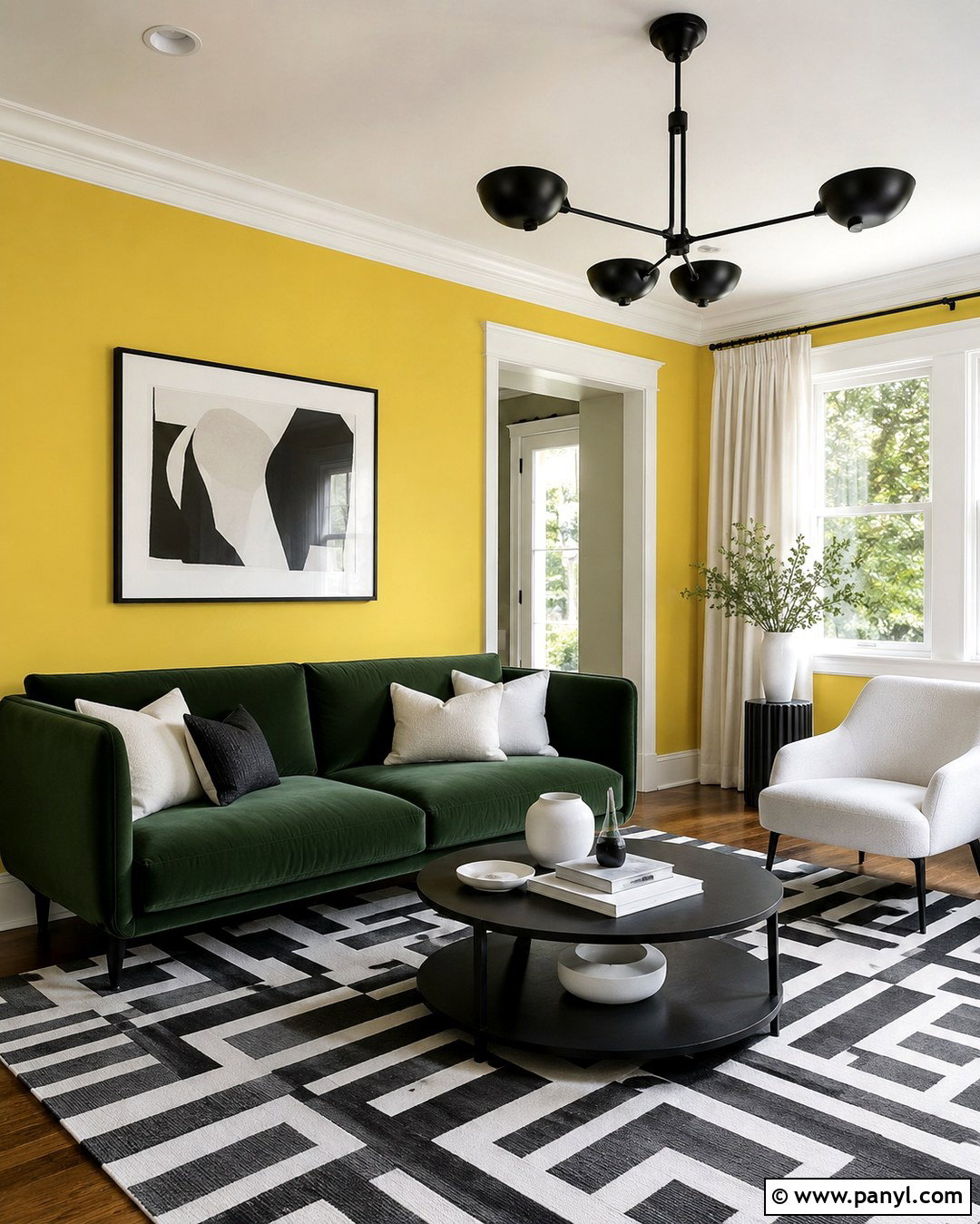 Green Sofa And Yellow Walls With Black And White - 20 Green Sofa Yellow Wall Ideas