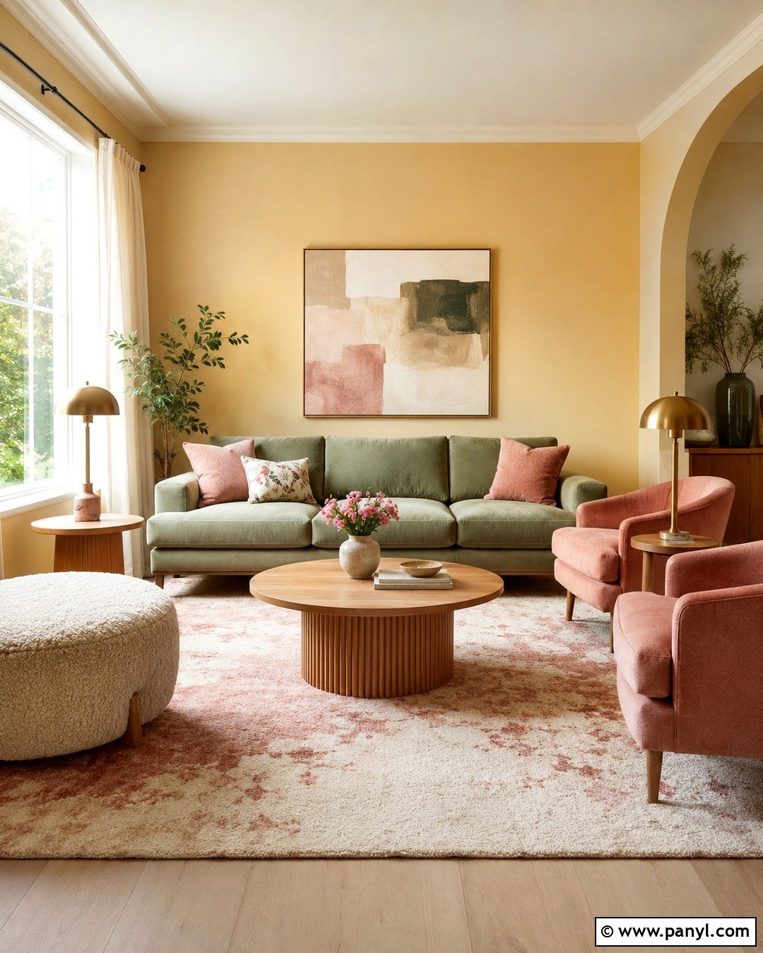 Green Sofa And Yellow Walls With Blush Pink - 20 Green Sofa Yellow Wall Ideas