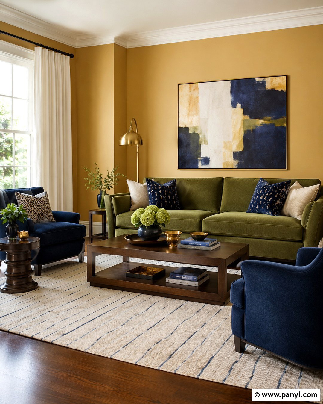 Green Sofa And Yellow Walls With Navy Accents - 20 Green Sofa Yellow Wall Ideas