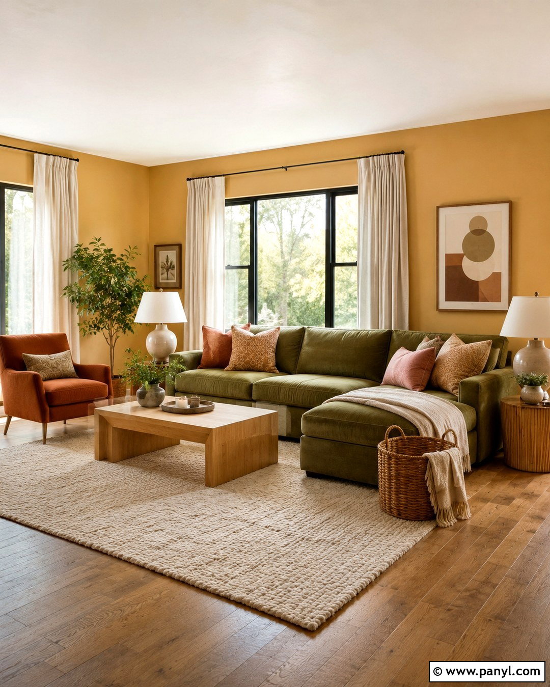 Green Sofa And Yellow Walls With Terracotta Decor - 20 Green Sofa Yellow Wall Ideas