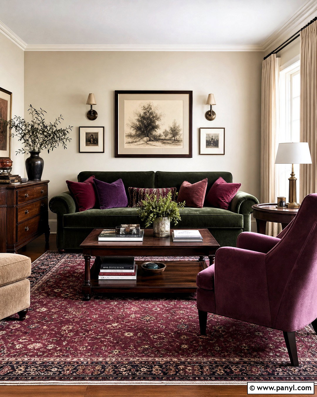 Green Sofa With Burgundy And Plum - 20 green sofa living room colour schemes