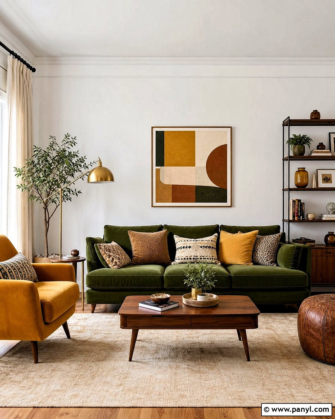 Green Sofa With Mustard Yellow - 20 green sofa living room colour schemes