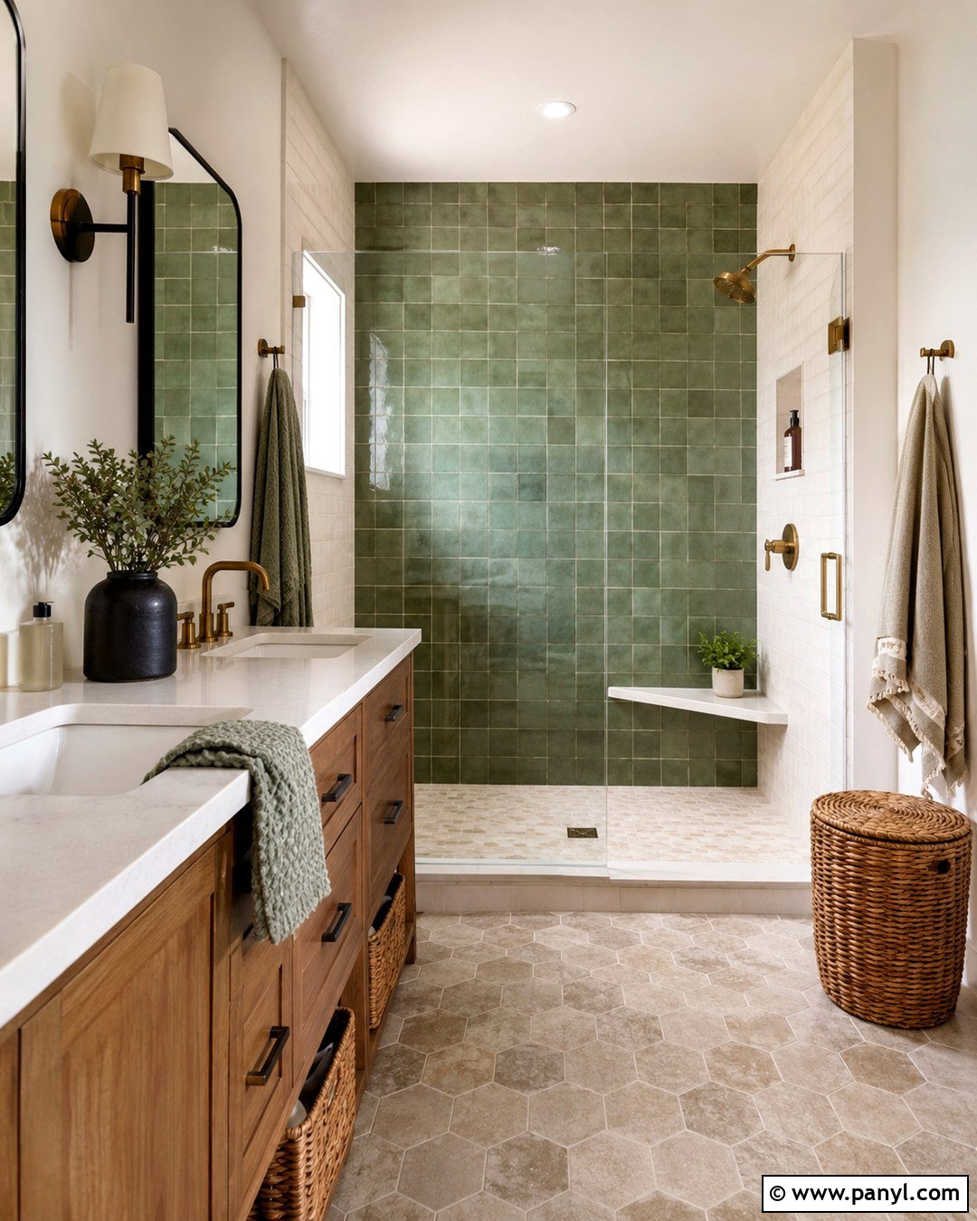 Green Square Tile Farmhouse Shower Wall - 20 Green Accent Wall Shower Ideas