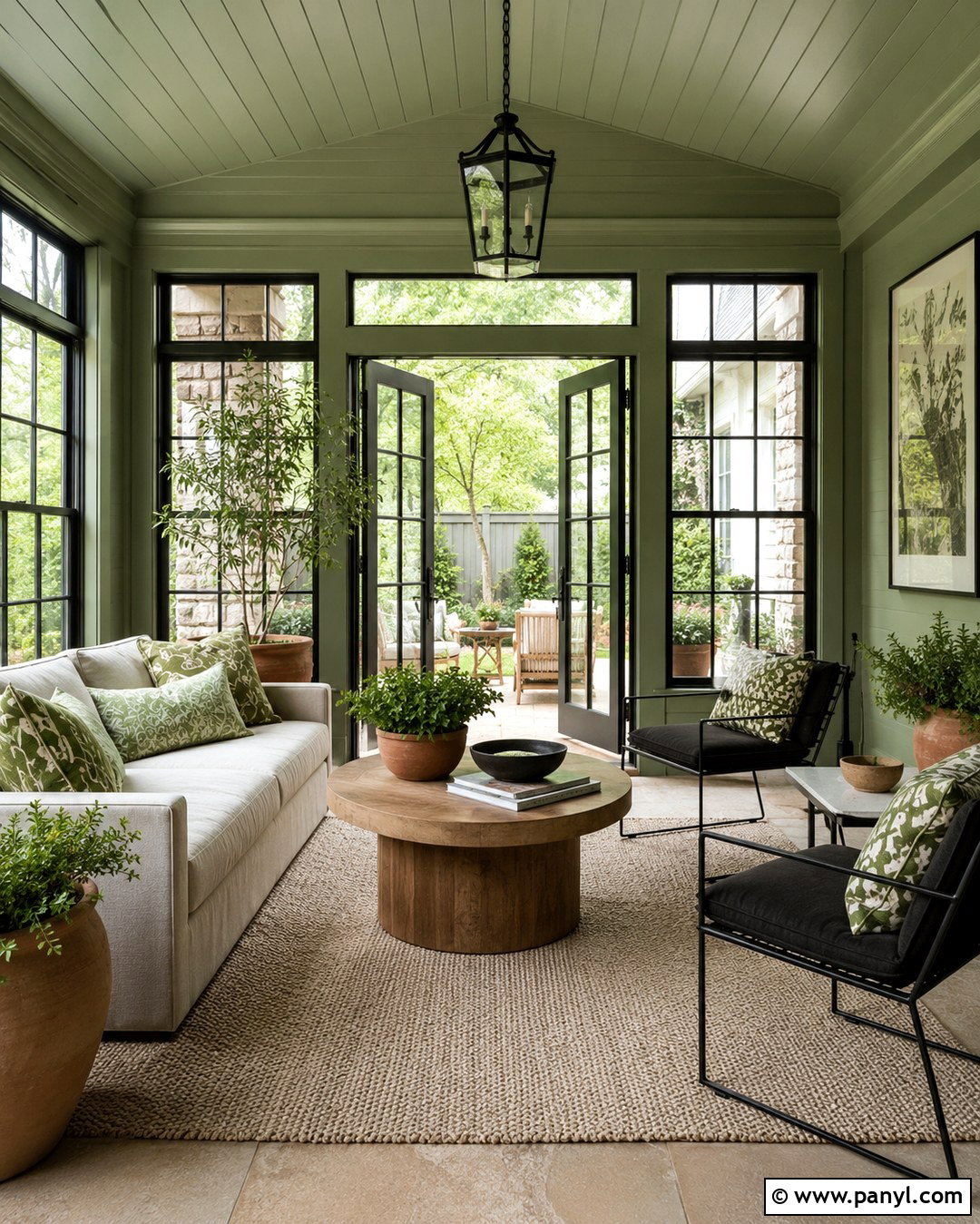 Green Sunroom With Black Window Frames - 20 Green And Black Painted Room Ideas