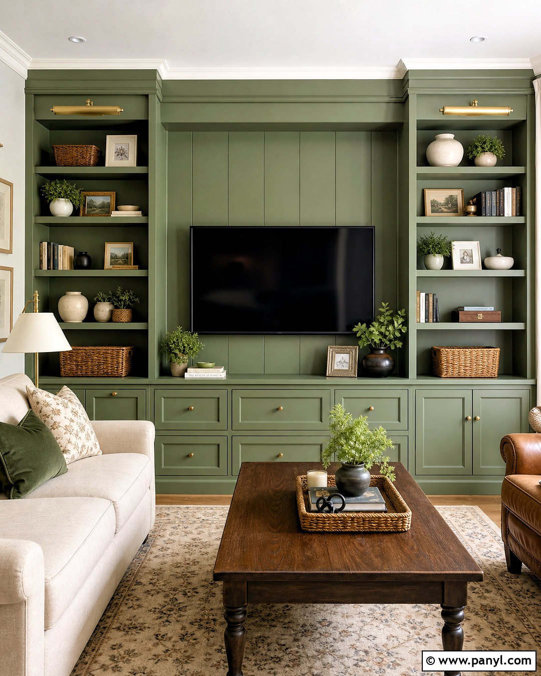 Green TV Wall With Built-In Shelves - 20 green tv wall ideas