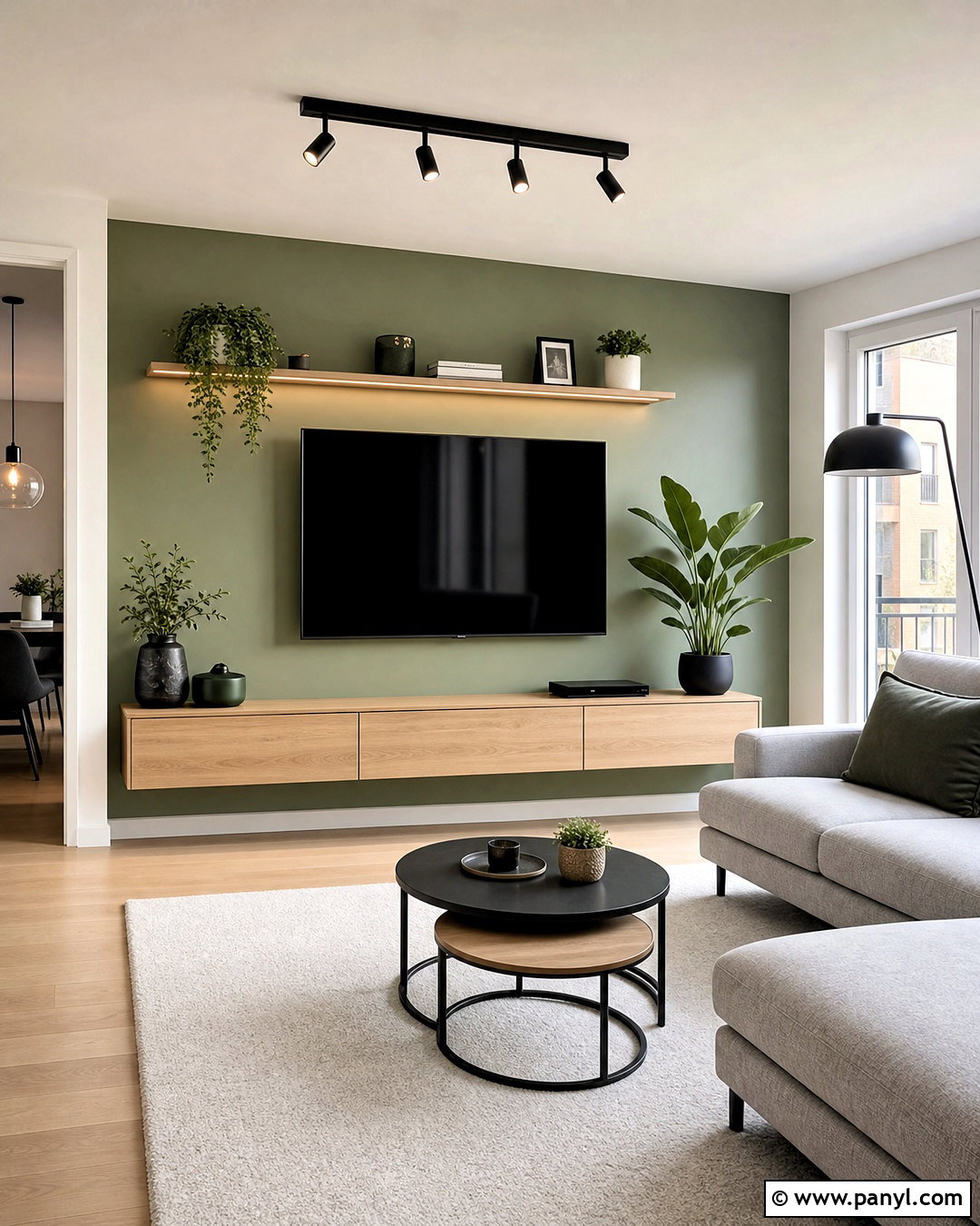Green TV Wall With Floating Console - 20 green tv wall ideas