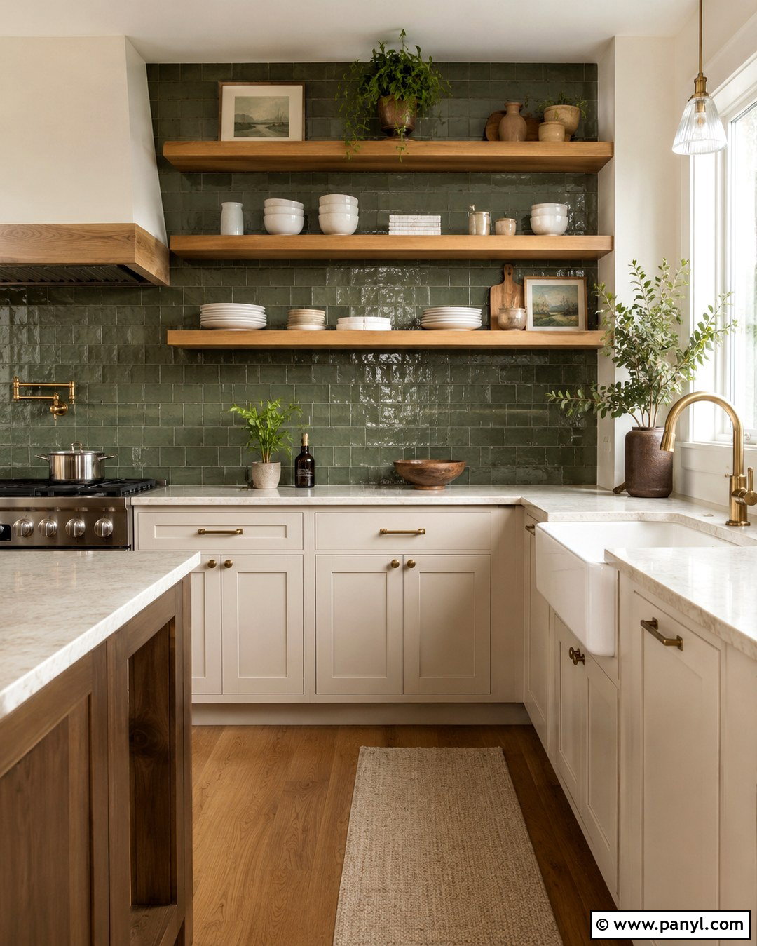 Green Tile Accent Wall With Wood Shelves - 20 Green Tile Accent Wall Ideas