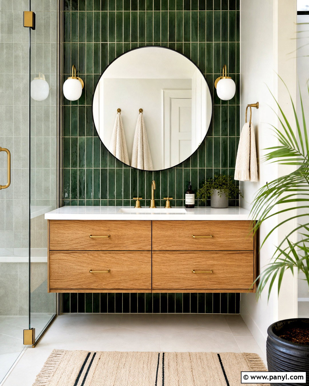 Green Tile Bathroom Wall With Round Mirror - 20 green wall decor ideas
