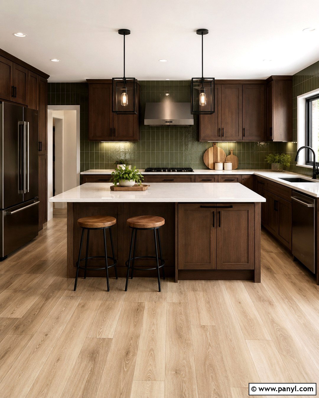 Green Tile Walls With Brown Cabinets - 20 Green Wall Brown Cabinet Kitchen Ideas