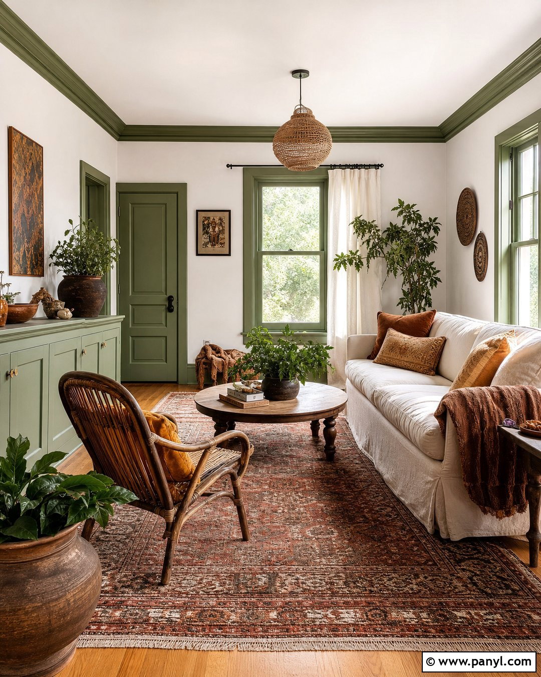 Green Trim Boho Living Room - 35 green trim white walls