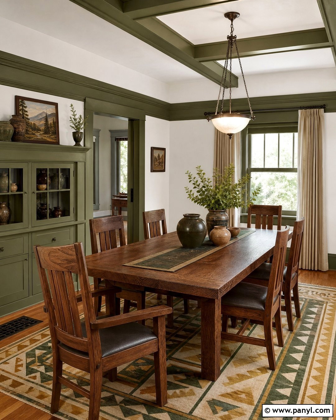 Green Trim Craftsman Dining Room - 35 green trim white walls