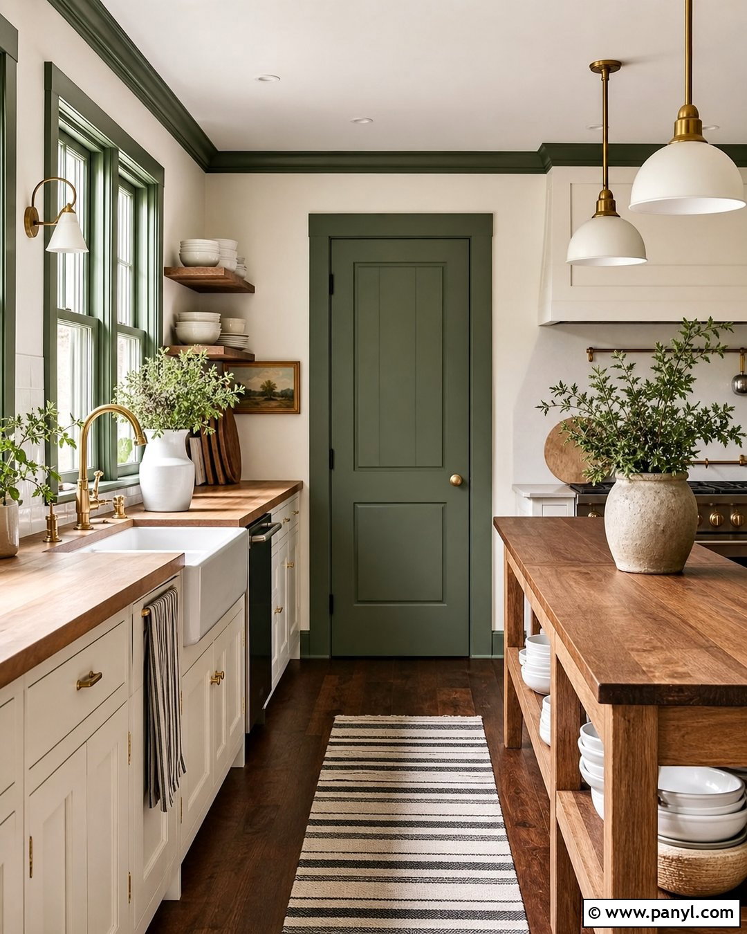 Green Trim Farmhouse Kitchen - 35 green trim white walls