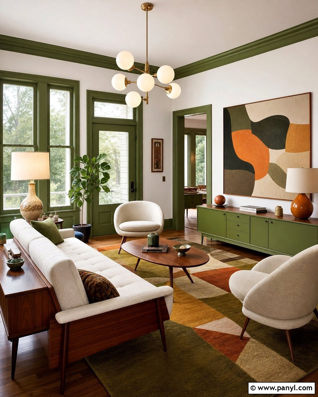 Green Trim Midcentury Living Room - 35 green trim white walls