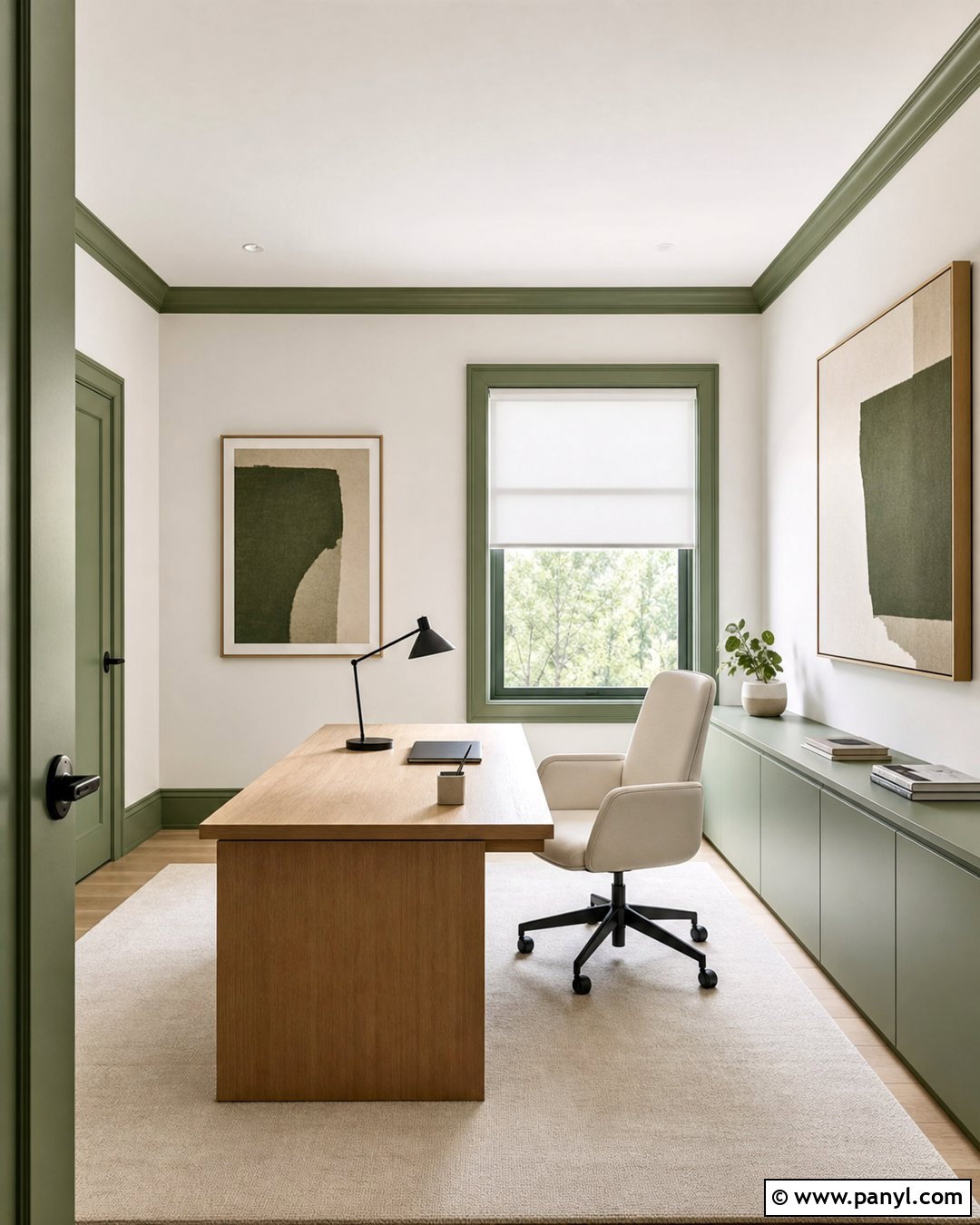 Green Trim Minimalist Office - 35 green trim white walls