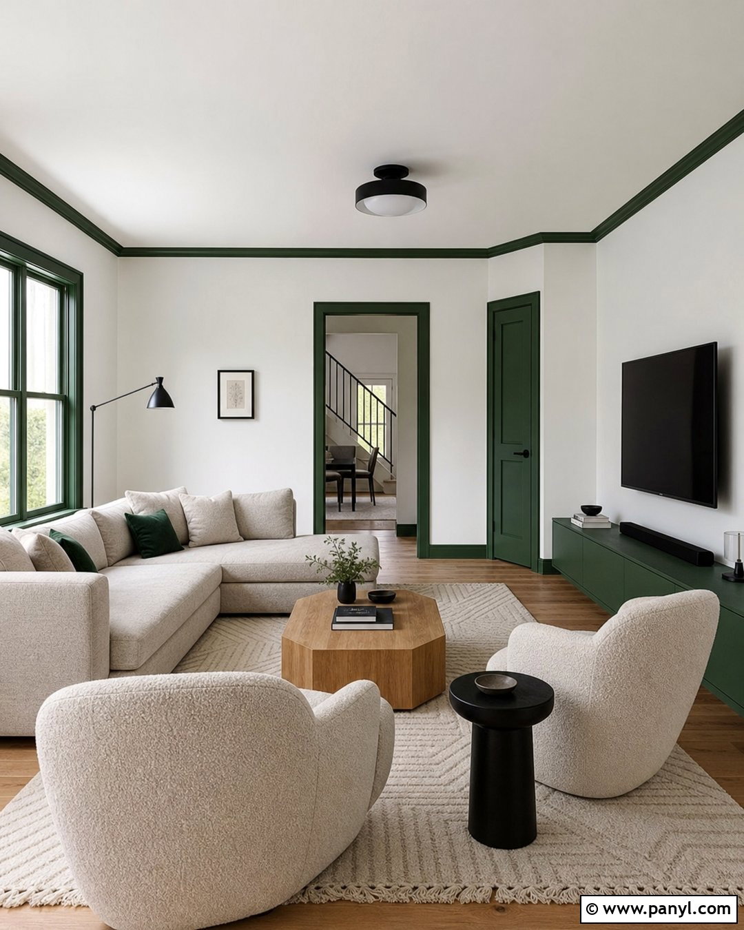 Green Trim Modern Living Room - 35 green trim white walls