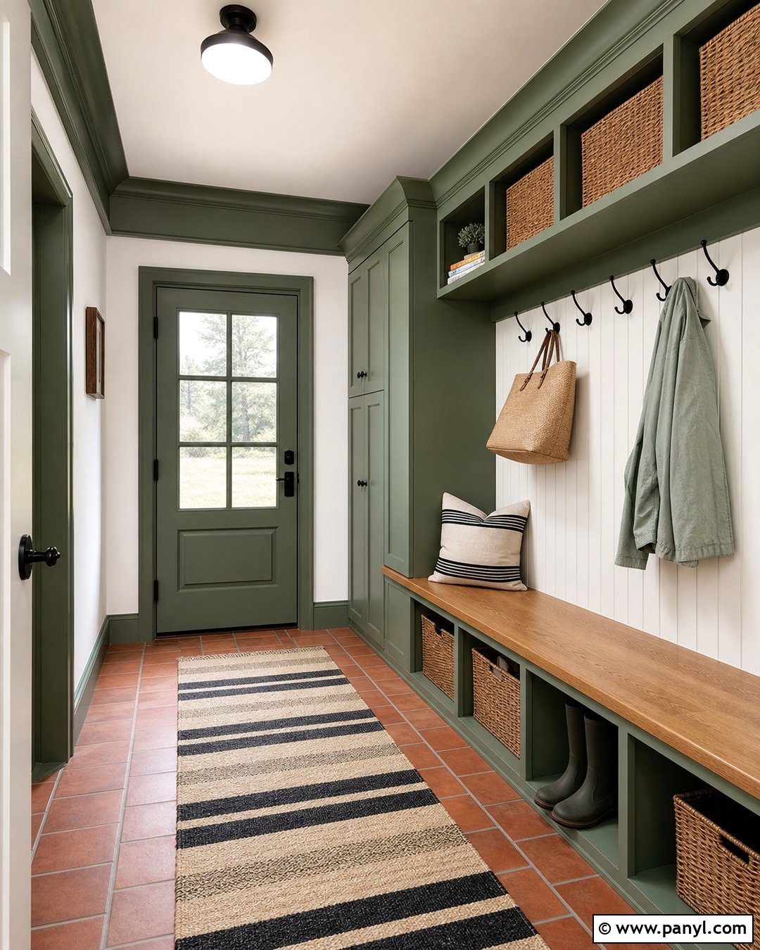 Green Trim Mudroom - 35 green trim white walls