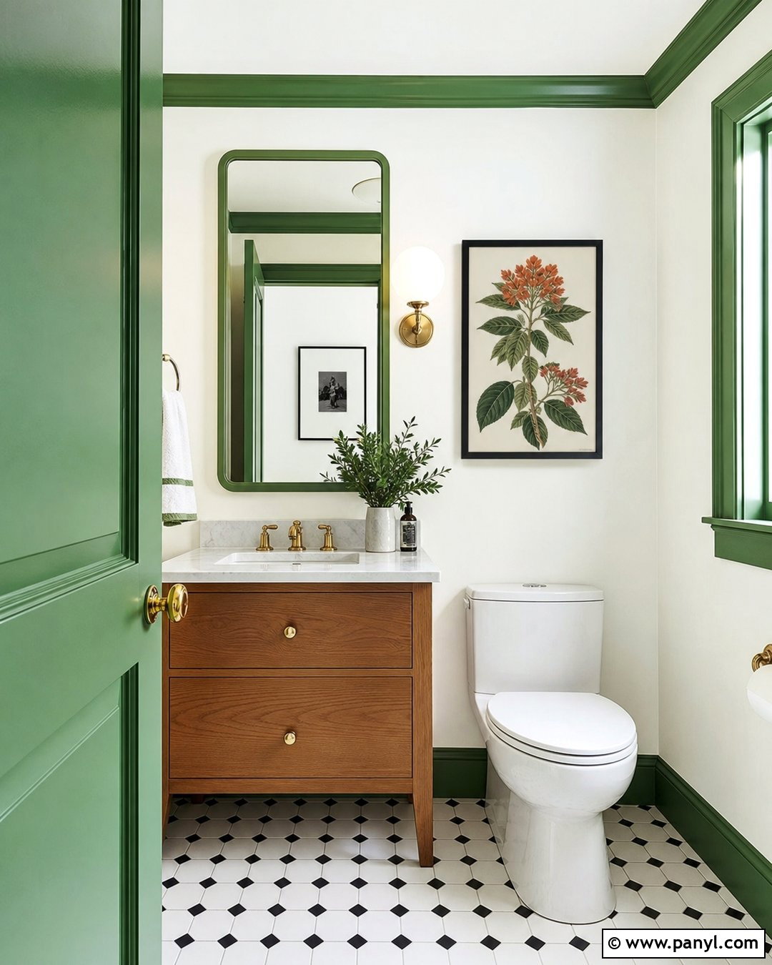 Green Trim Powder Room - 35 green trim white walls