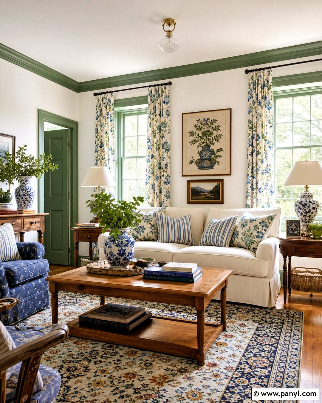 Green Trim With Floral Curtains - 20 white walls green trim ideas