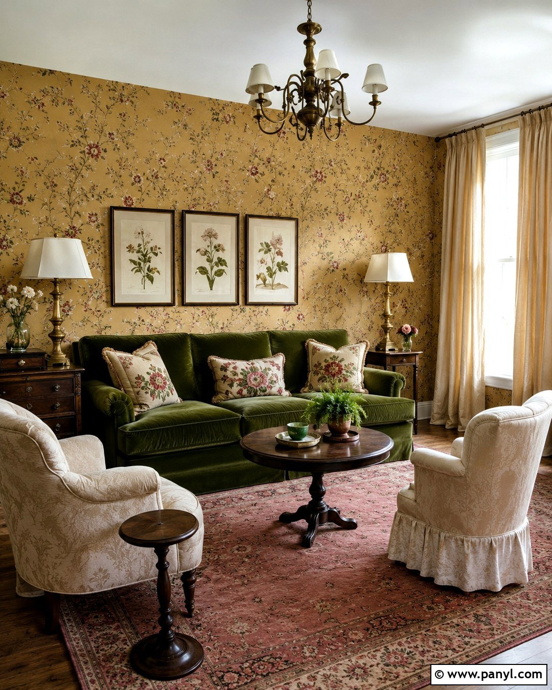 Green Velvet Sofa With Yellow Floral Wallpaper - 20 Green Sofa Yellow Wall Ideas